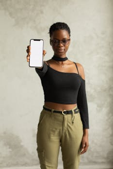 Unemotional young African American female in casual outfit and eyeglasses presenting cellphone with blank screen while looking at camera against white background