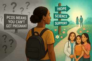 A hopeful, diverse woman standing at a crossroads. One path is clouded with the myth “PCOS means you can’t get pregnant,” surrounded by gray mist and question marks. The other path is illuminated in teal, lined with blooming flowers and signposts labeled “Hope,” “Science,” and “Support,” leading to a family in the distance. Medical professionals and supportive friends are visible along the path.