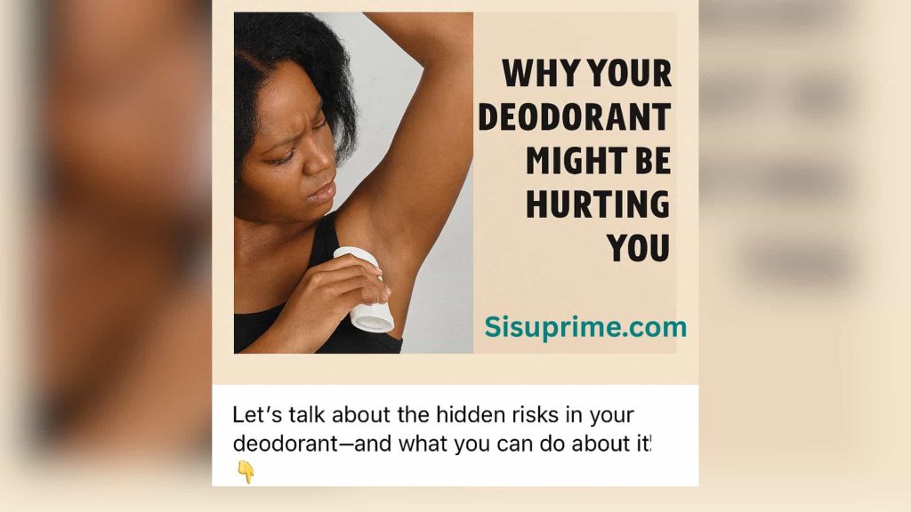 Concerned woman applying deodorant, surrounded by harmful ingredient labels and hormonal imbalance symbols.